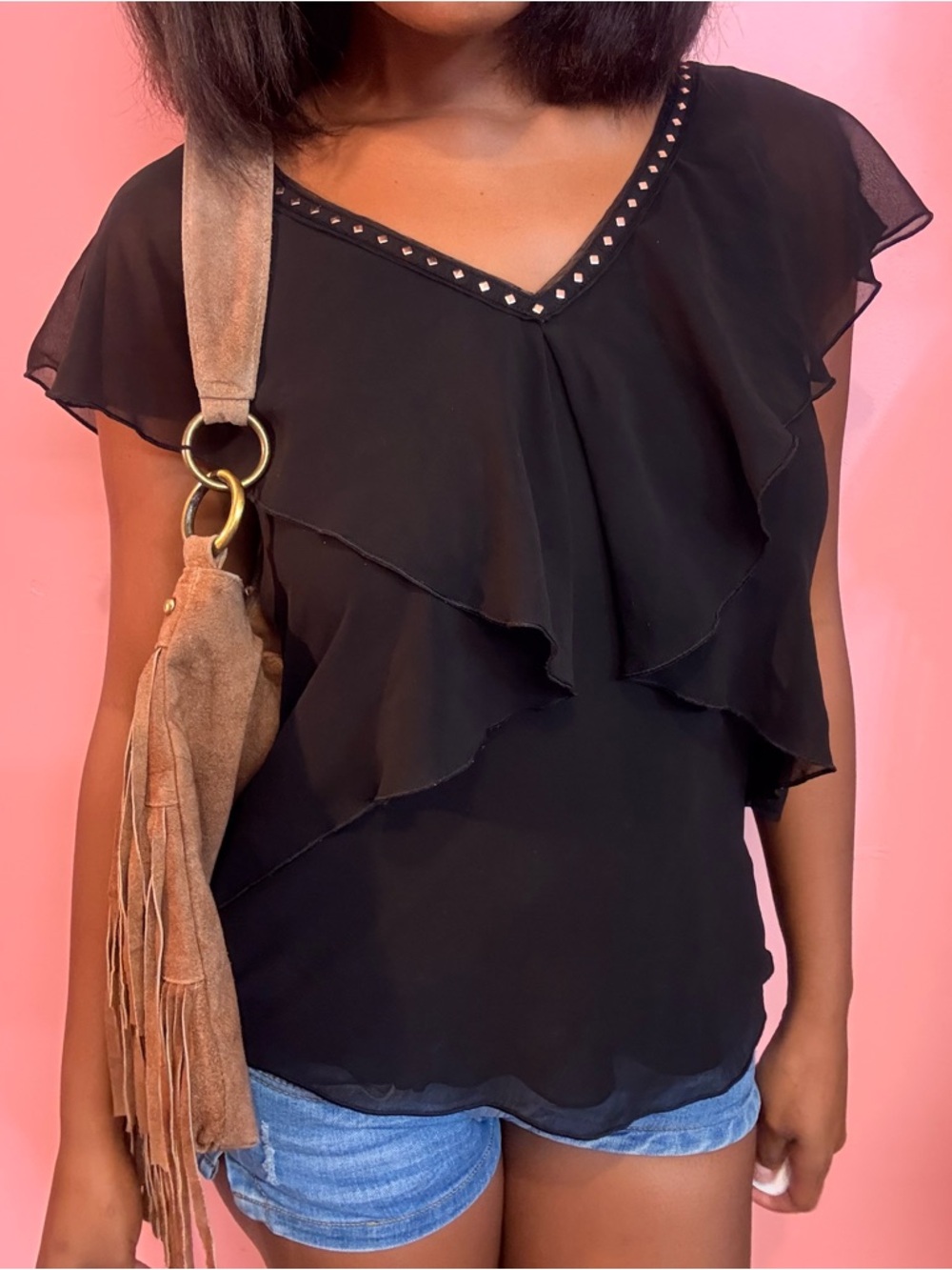 Black Ruffled V-Neck Women’s Top